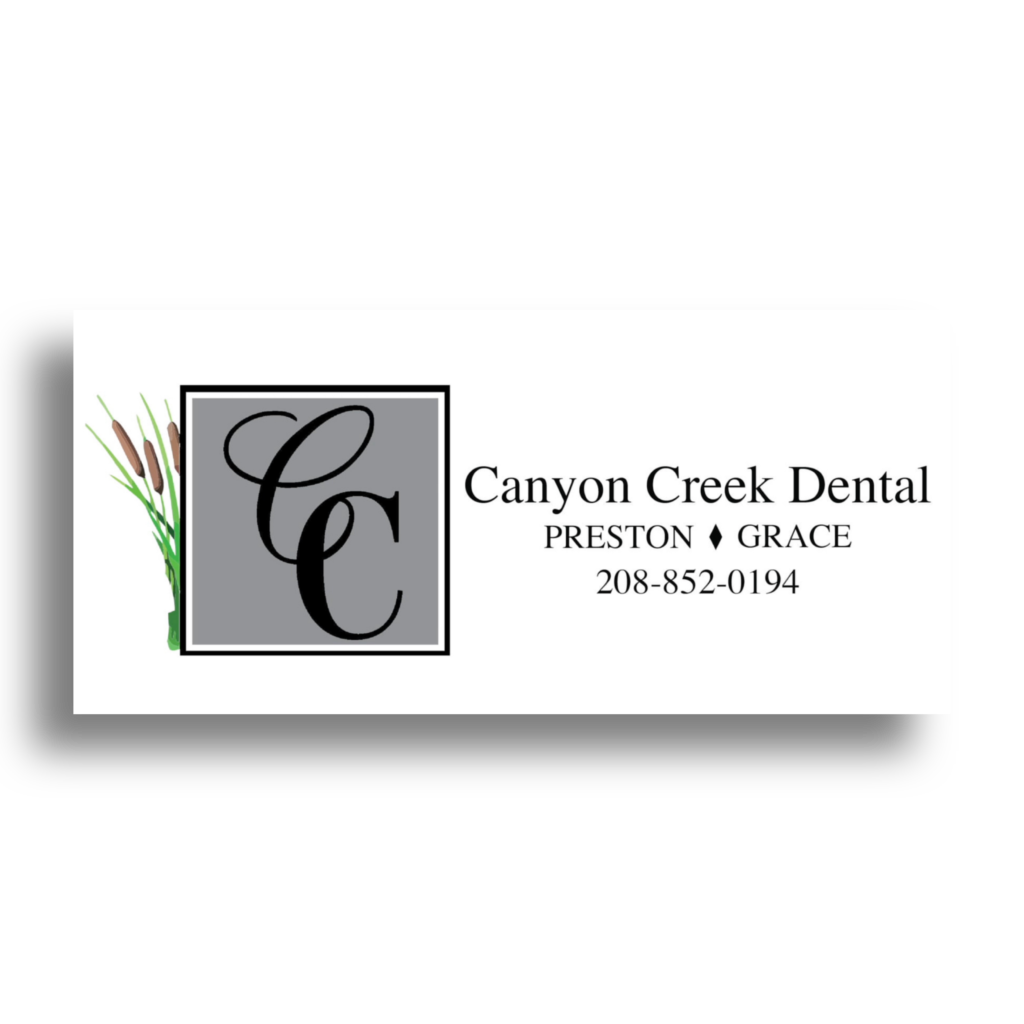 Canyon Creek Dental logo featuring the initials 'CC' with cattails in the design and contact information for Preston and Grace, Idaho.