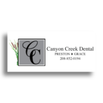 Canyon Creek Dental logo featuring the initials 'CC' with cattails in the design and contact information for Preston and Grace, Idaho.