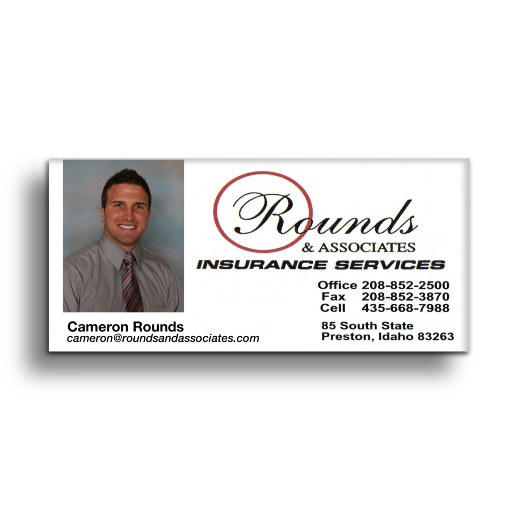 Business card for Rounds & Associates Insurance Services featuring Cameron Rounds with contact details including office, fax, cell number, and location in Preston, Idaho.