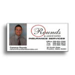 Business card for Rounds & Associates Insurance Services featuring Cameron Rounds with contact details including office, fax, cell number, and location in Preston, Idaho.