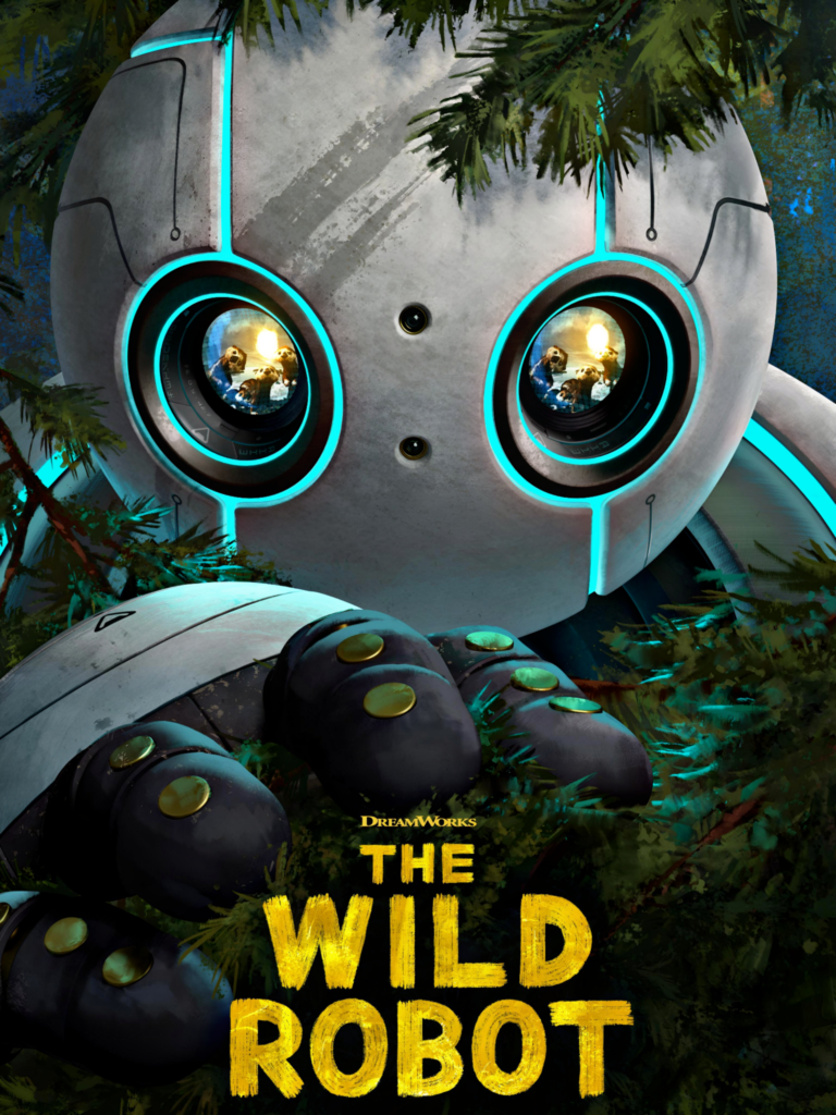 A futuristic robot hiding in a forest, with glowing blue lights around its circular eyes, from the poster for DreamWorks’ movie 'The Wild Robot.'