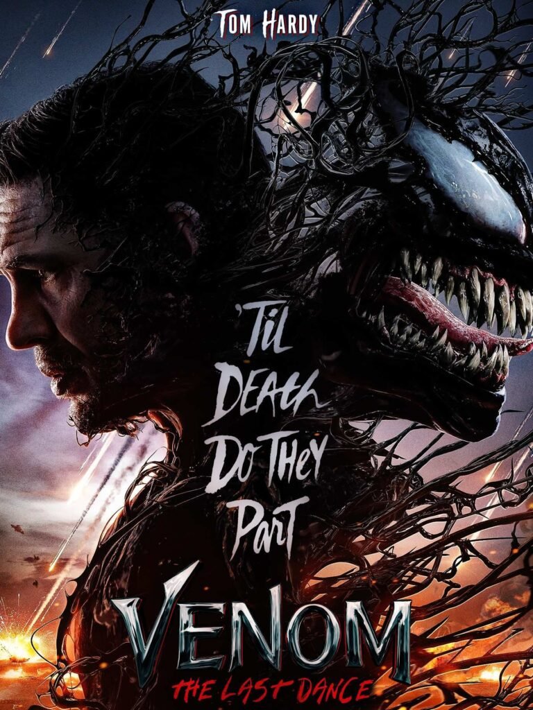 Venom: The Last Dance movie poster featuring Tom Hardy with Venom symbiote merging