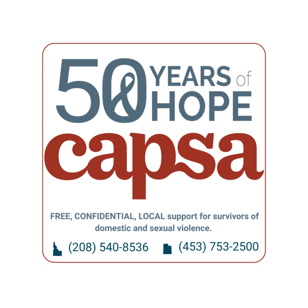 CAPSA logo celebrating 50 Years of Hope, offering free and confidential support for survivors of domestic and sexual violence with Idaho and Utah contact numbers