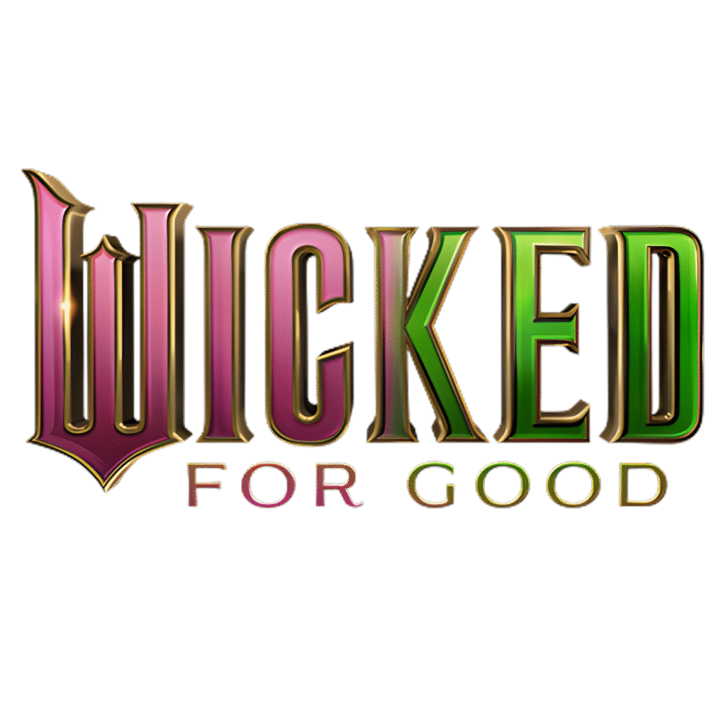 Wicked: For Good official movie title logo, showing stylized text with pink and green gradient, used for Worm Creek Opera House in Preston, Idaho.