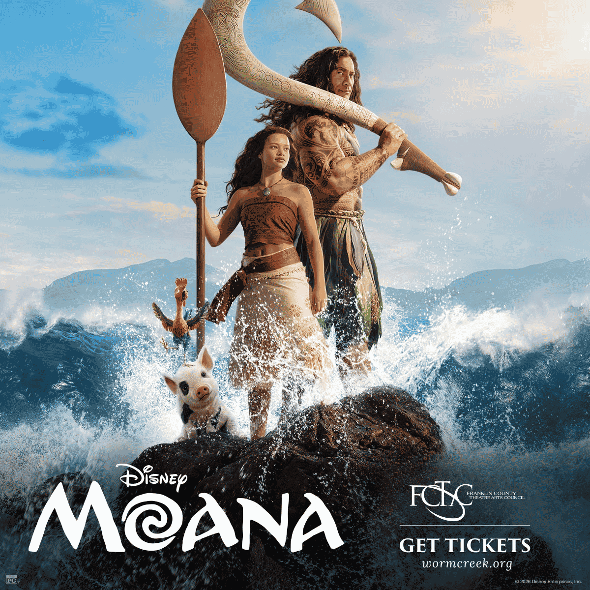 Promotional poster for Moana at Worm Creek Opera House in Preston, Idaho. Presented by The Franklin County Theatre Arts Council, with doors opening 30 minutes before show starts.
