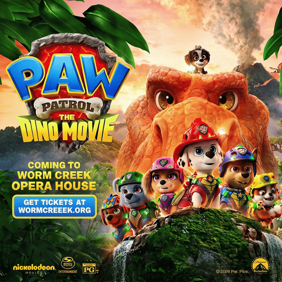 Promotional poster for Paw Patrol the Dino Movie at Worm Creek Opera House in Preston, Idaho. Presented by The Franklin County Theatre Arts Council, with doors opening 30 minutes before show starts.